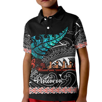 Personalised New Zealand Waka Kid Polo Shirt Aotearoa Maori Silver Fern Pattern LT14 Kid Black - Polynesian Pride