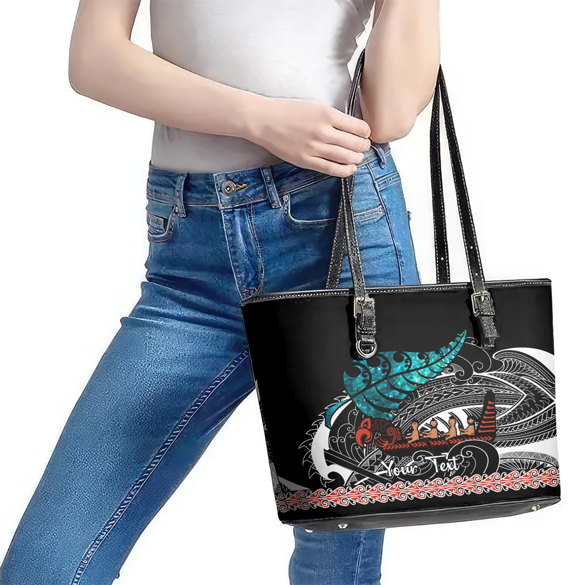 Personalised New Zealand Waka Leather Tote Bag Aotearoa Maori Silver Fern Pattern LT14 - Polynesian Pride