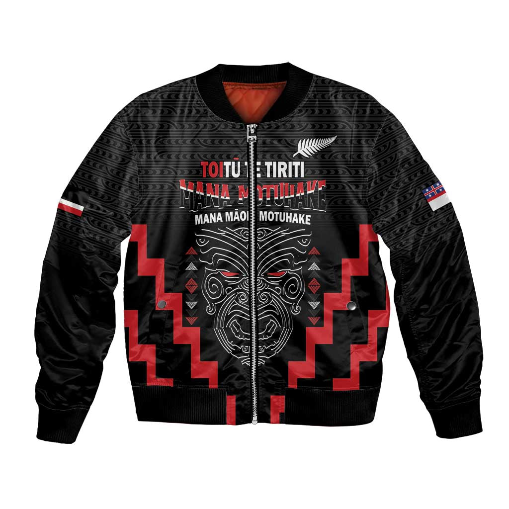 Personalised Toitu Te Tiriti Mana Maori Motuhake Bomber Jacket Aotearoa Haka Face Mix Poutama Art