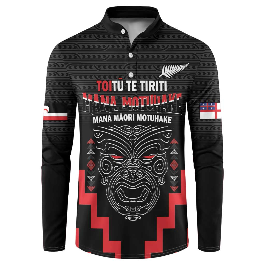 Personalised Toitu Te Tiriti Mana Maori Motuhake Button Sweatshirt Aotearoa Haka Face Mix Poutama Art LT14 Black - Polynesian Pride