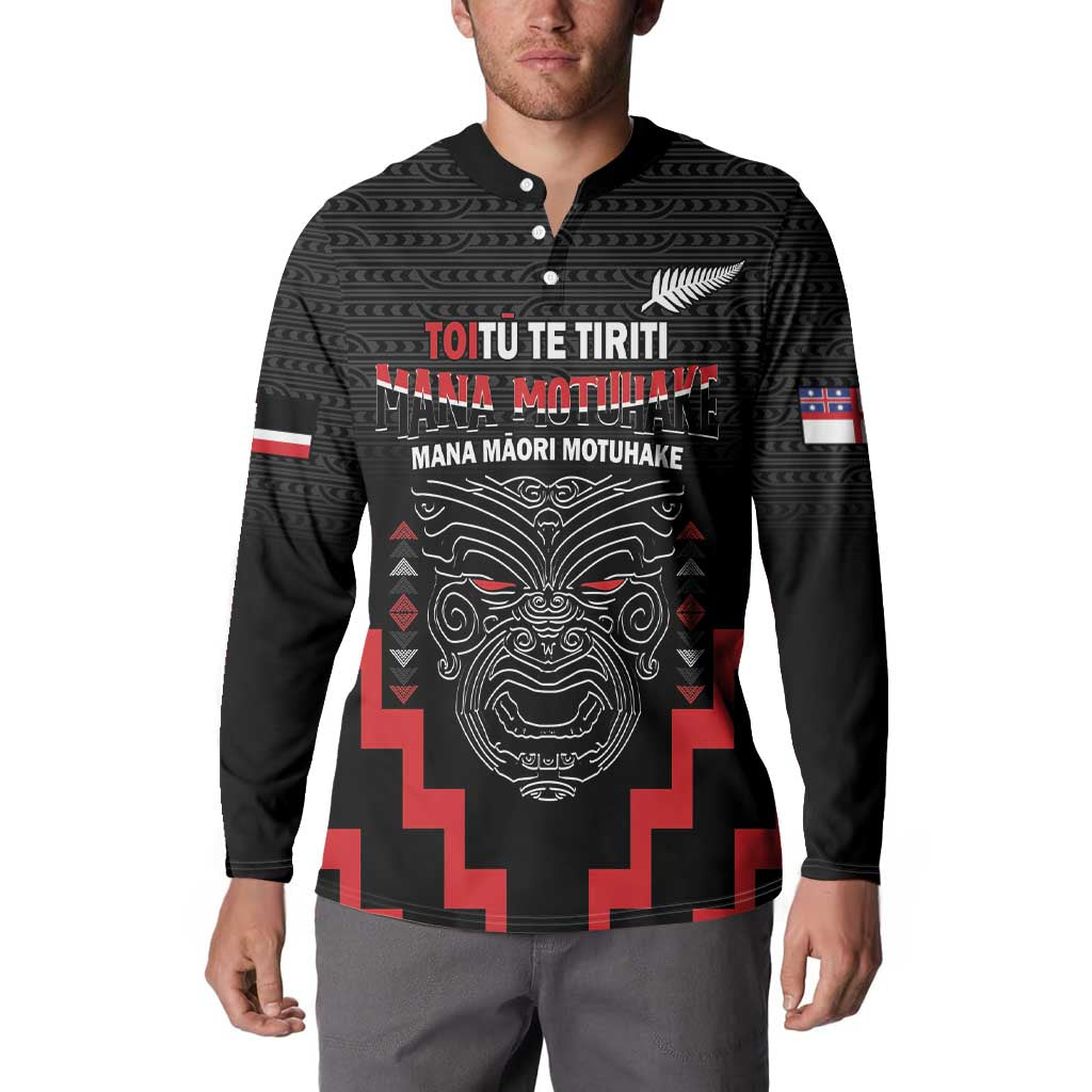 Personalised Toitu Te Tiriti Mana Maori Motuhake Button Sweatshirt Aotearoa Haka Face Mix Poutama Art LT14 - Polynesian Pride