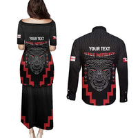 Personalised Toitu Te Tiriti Mana Maori Motuhake Couples Matching Puletasi and Long Sleeve Button Shirt Aotearoa Haka Face Mix Poutama Art