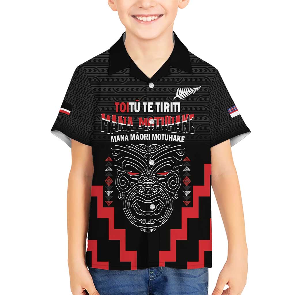 Personalised Toitu Te Tiriti Mana Maori Motuhake Kid Hawaiian Shirt Aotearoa Haka Face Mix Poutama Art LT14 Kid Black - Polynesian Pride
