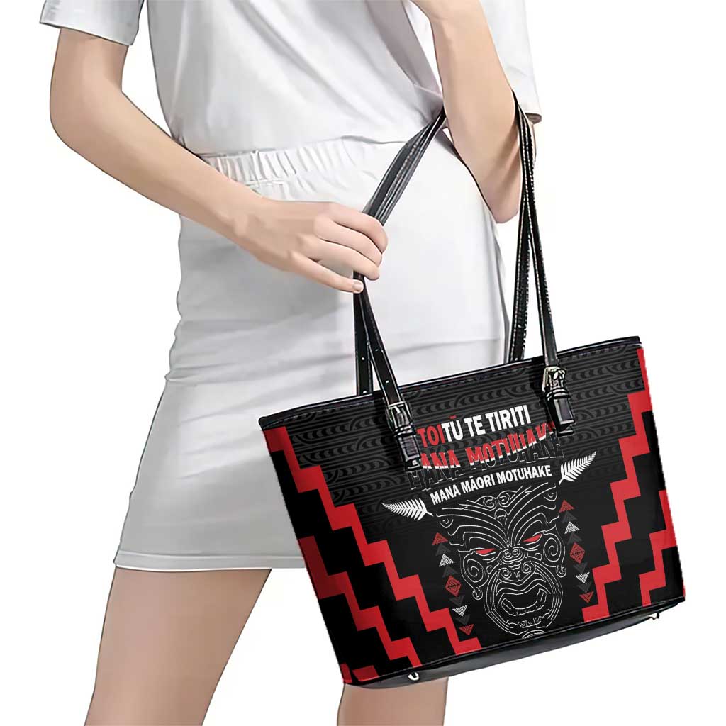 Personalised Toitu Te Tiriti Mana Maori Motuhake Leather Tote Bag Aotearoa Haka Face Mix Poutama Art