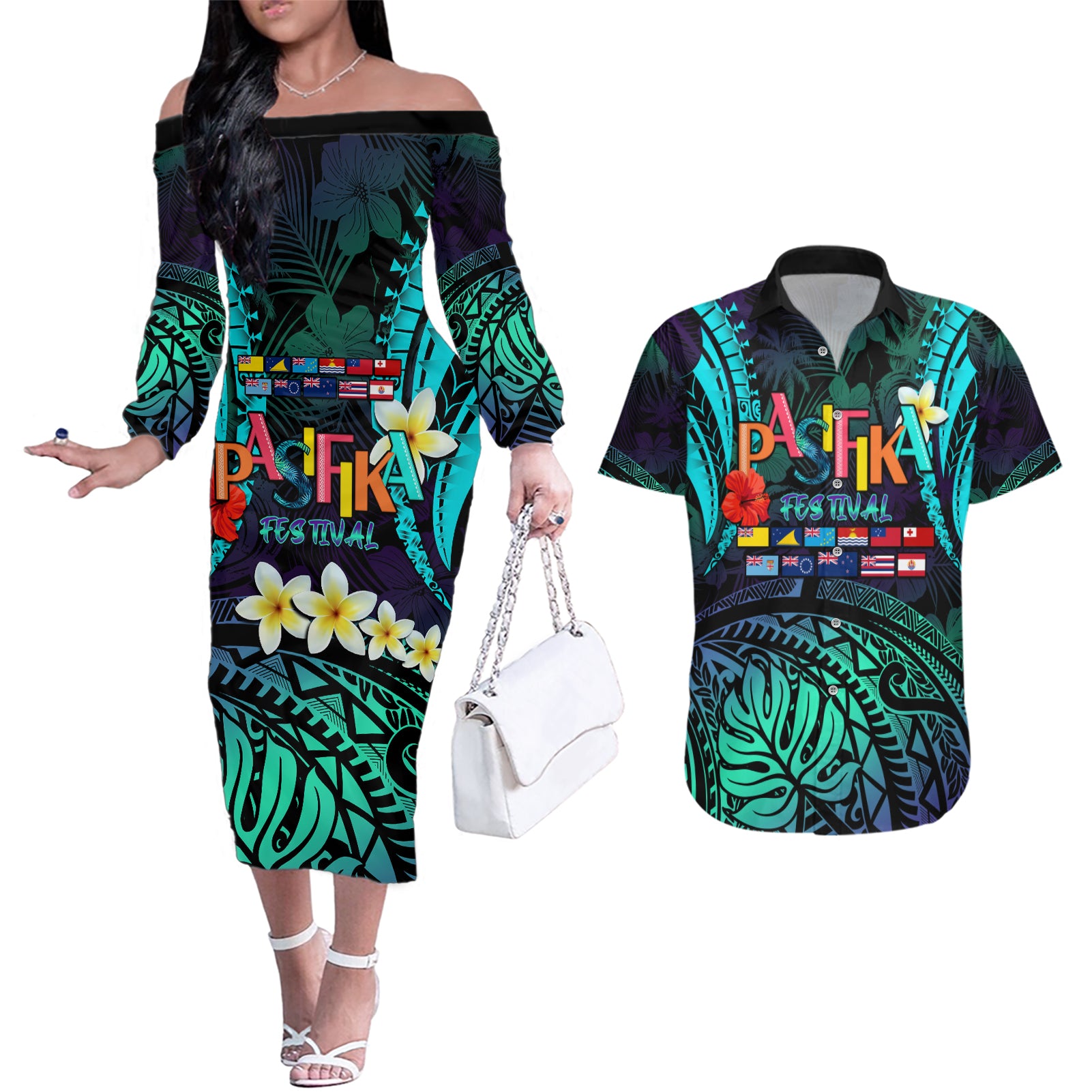 Personalised Pasifika Festival Auckland Couples Matching Off The Shoulder Long Sleeve Dress and Hawaiian Shirt 2024 Pacific Islands Polynesian Pattern LT14 Purple - Polynesian Pride