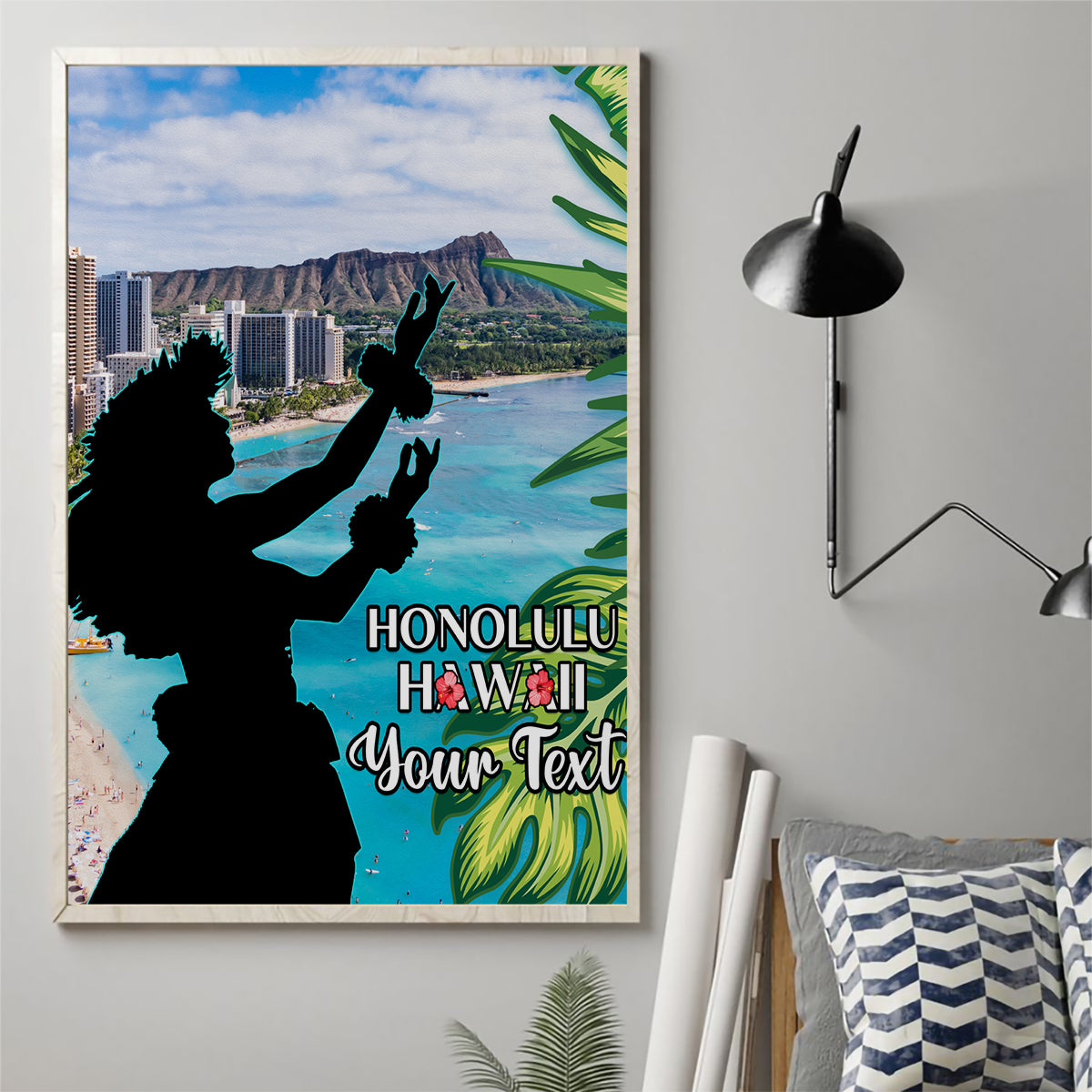 Personalised Honolulu Aloha Hawaii Canvas Wall Art Tropical Leaves With Hula Girl LT14 - Polynesian Pride