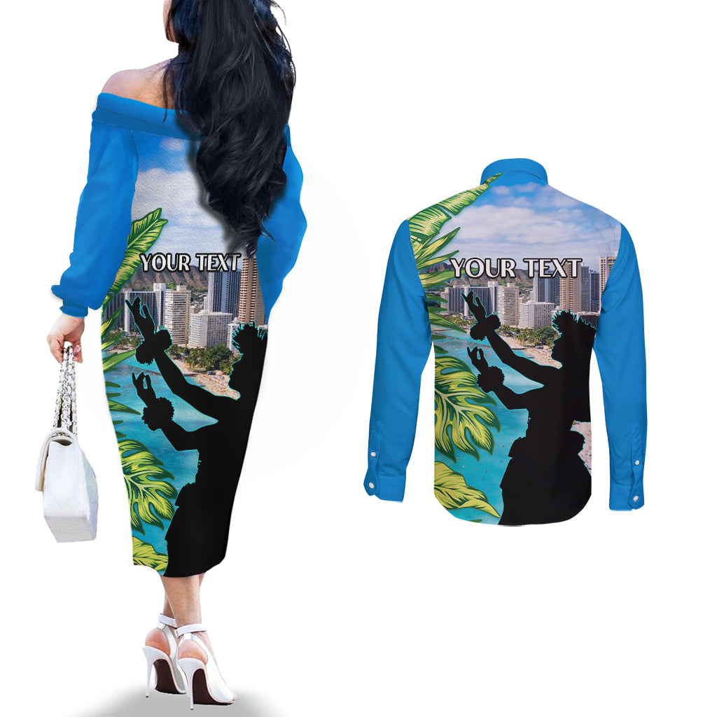 Personalised Honolulu Aloha Hawaii Couples Matching Off The Shoulder Long Sleeve Dress and Long Sleeve Button Shirt Tropical Leaves With Hula Girl LT14 - Polynesian Pride