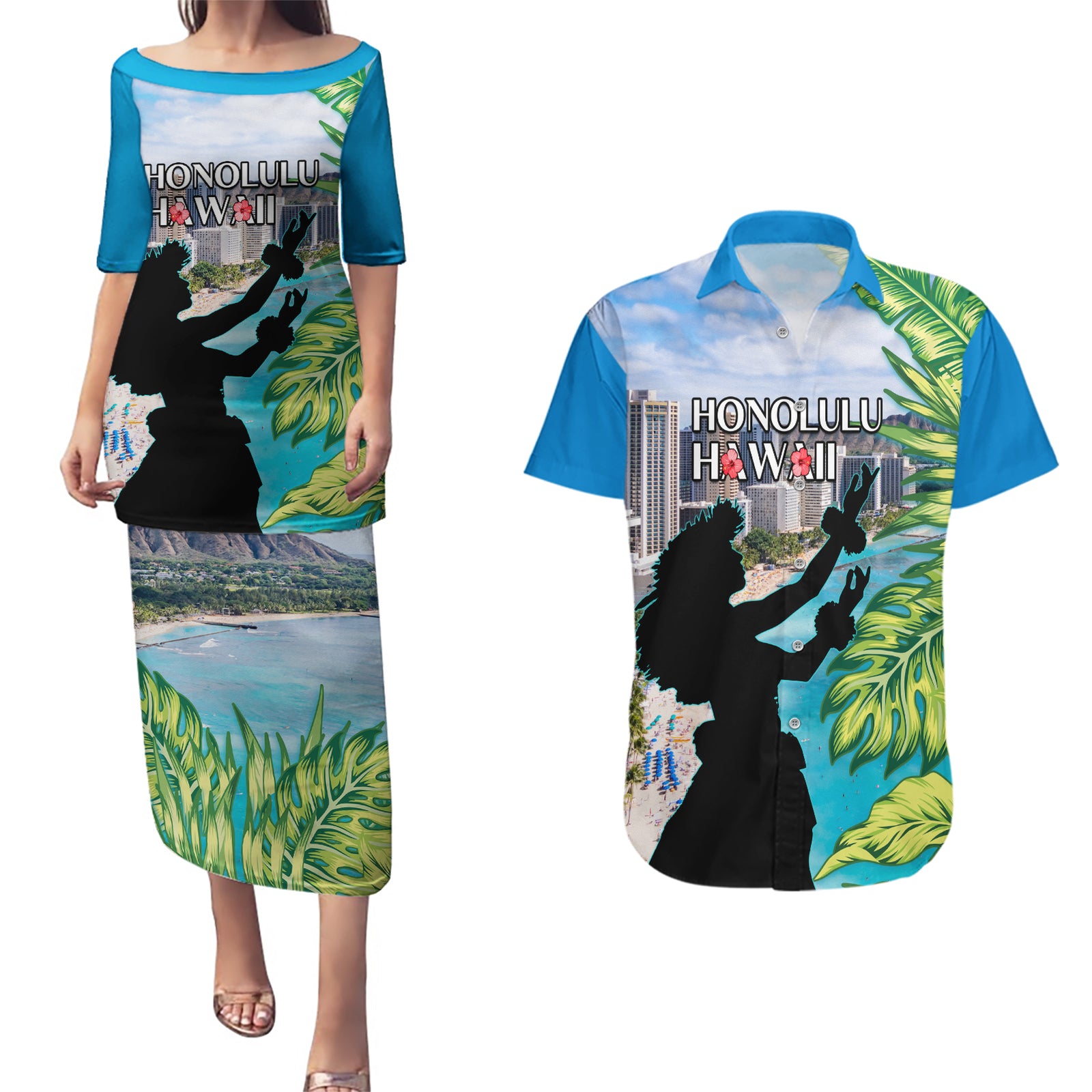Personalised Honolulu Aloha Hawaii Couples Matching Puletasi and Hawaiian Shirt Tropical Leaves With Hula Girl LT14 Blue - Polynesian Pride