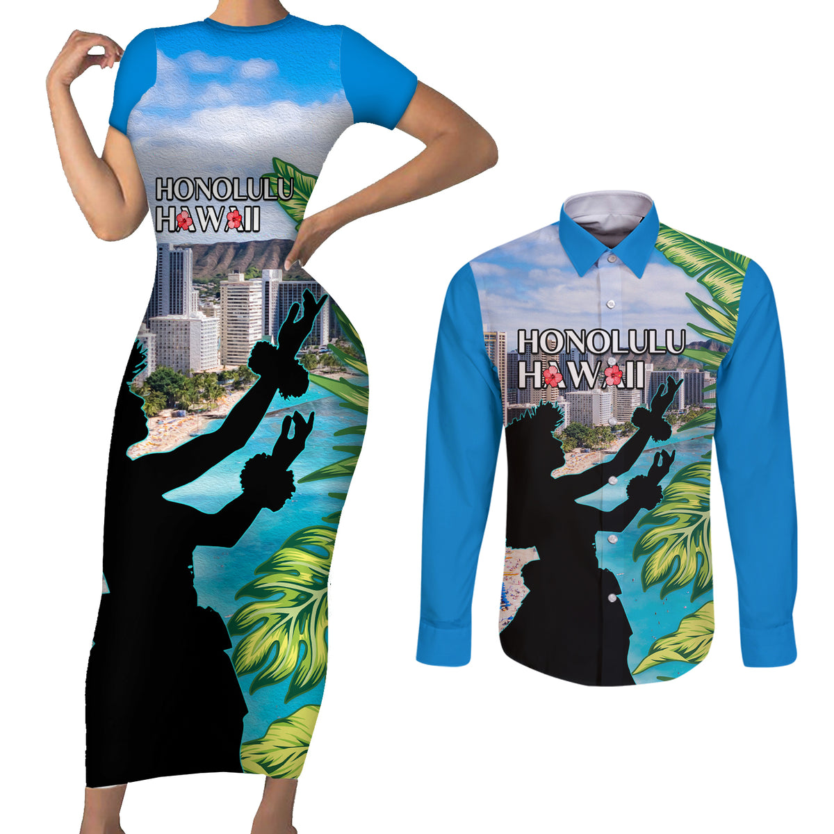 Personalised Honolulu Aloha Hawaii Couples Matching Short Sleeve Bodycon Dress and Long Sleeve Button Shirt Tropical Leaves With Hula Girl LT14 Blue - Polynesian Pride