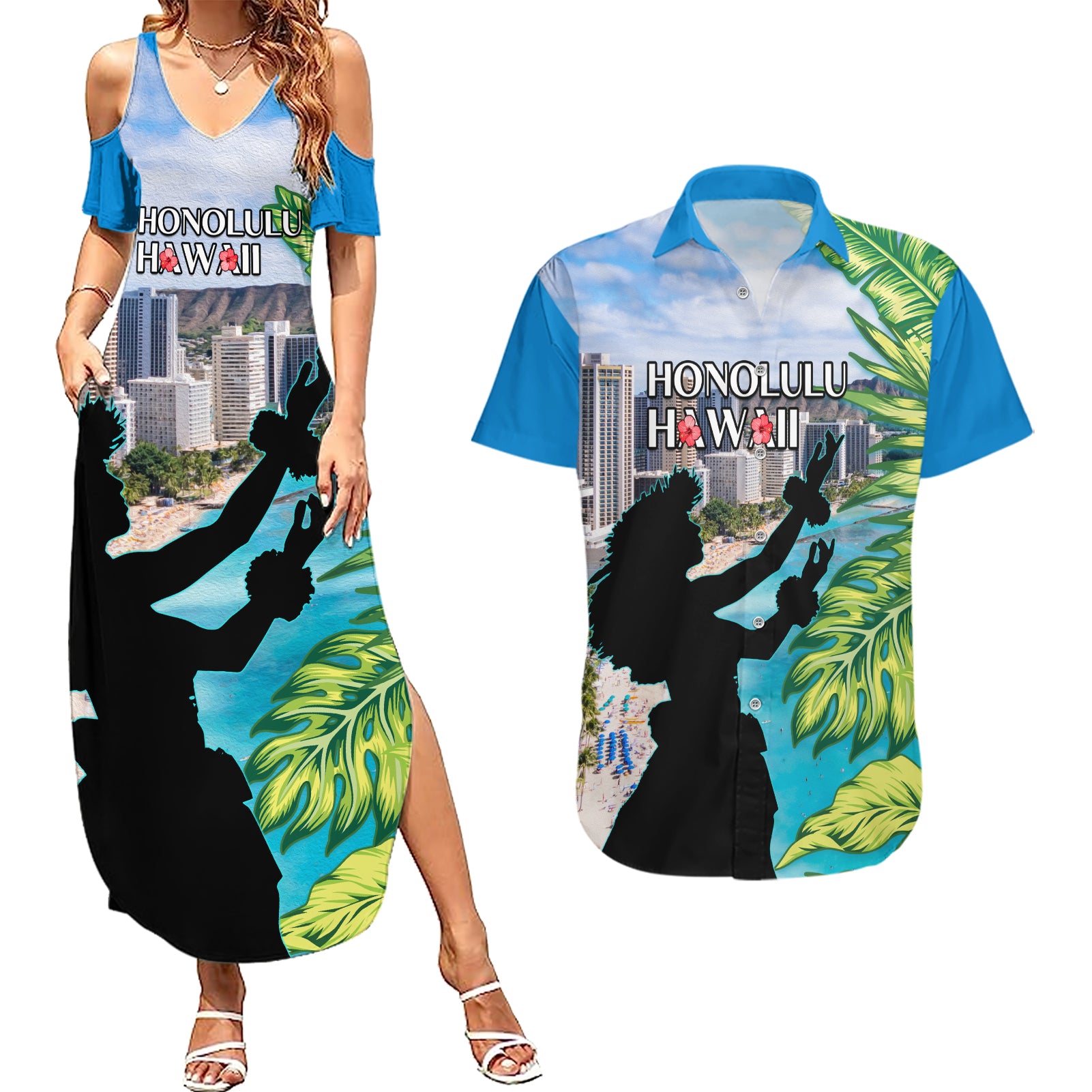 Personalised Honolulu Aloha Hawaii Couples Matching Summer Maxi Dress and Hawaiian Shirt Tropical Leaves With Hula Girl LT14 Blue - Polynesian Pride