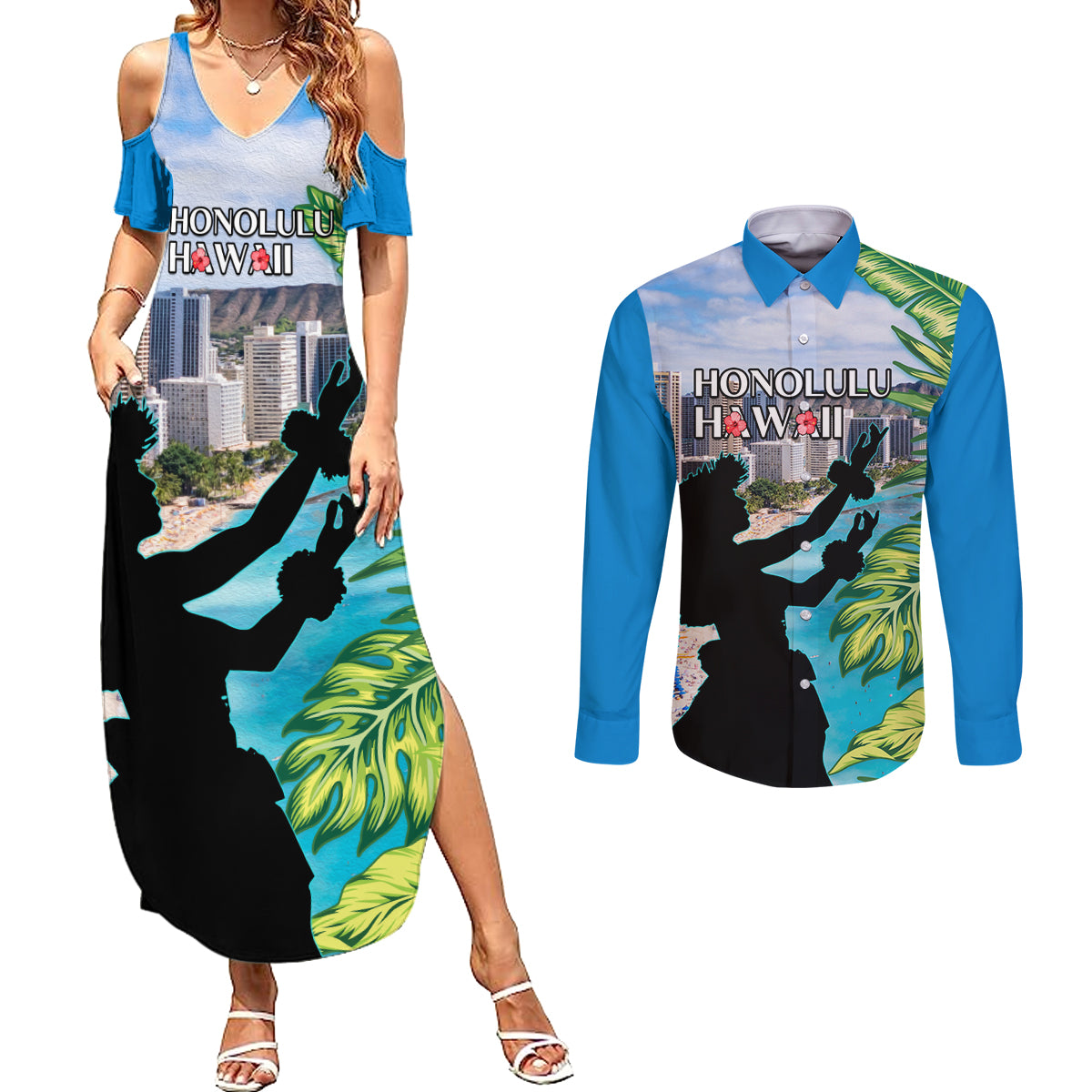 Personalised Honolulu Aloha Hawaii Couples Matching Summer Maxi Dress and Long Sleeve Button Shirt Tropical Leaves With Hula Girl LT14 Blue - Polynesian Pride