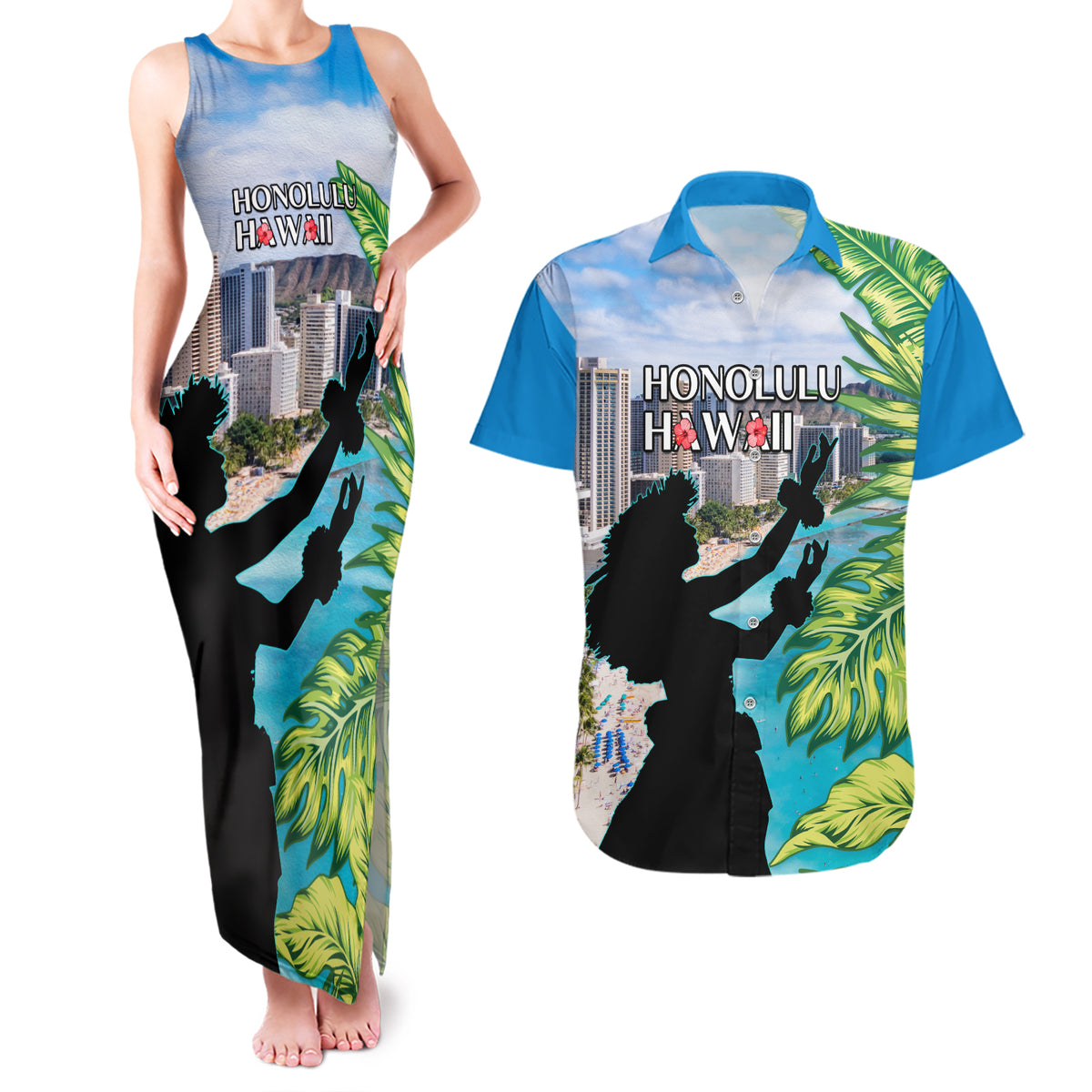 Personalised Honolulu Aloha Hawaii Couples Matching Tank Maxi Dress and Hawaiian Shirt Tropical Leaves With Hula Girl LT14 Blue - Polynesian Pride