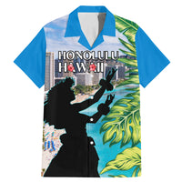 Personalised Honolulu Aloha Hawaii Family Matching Mermaid Dress and Hawaiian Shirt Tropical Leaves With Hula Girl LT14 Dad's Shirt - Short Sleeve Blue - Polynesian Pride