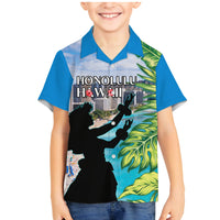 Personalised Honolulu Aloha Hawaii Family Matching Mermaid Dress and Hawaiian Shirt Tropical Leaves With Hula Girl LT14 Son's Shirt Blue - Polynesian Pride