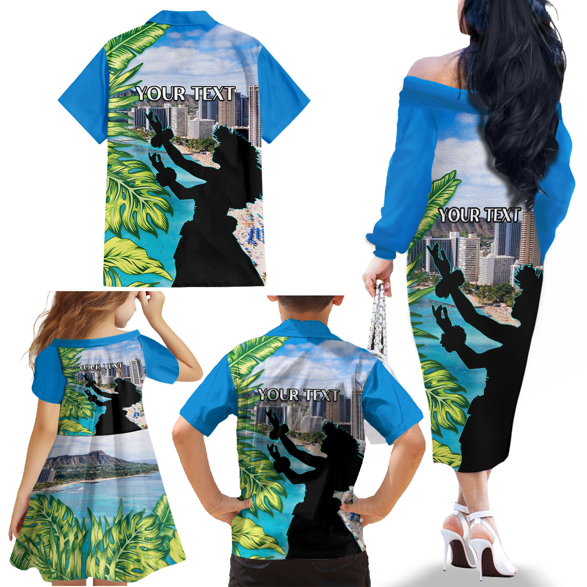 Personalised Honolulu Aloha Hawaii Family Matching Off Shoulder Long Sleeve Dress and Hawaiian Shirt Tropical Leaves With Hula Girl LT14 - Polynesian Pride