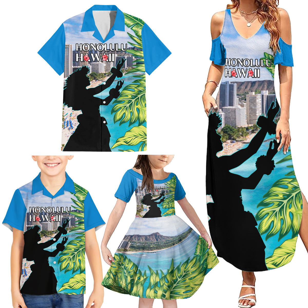 Personalised Honolulu Aloha Hawaii Family Matching Summer Maxi Dress and Hawaiian Shirt Tropical Leaves With Hula Girl LT14 - Polynesian Pride