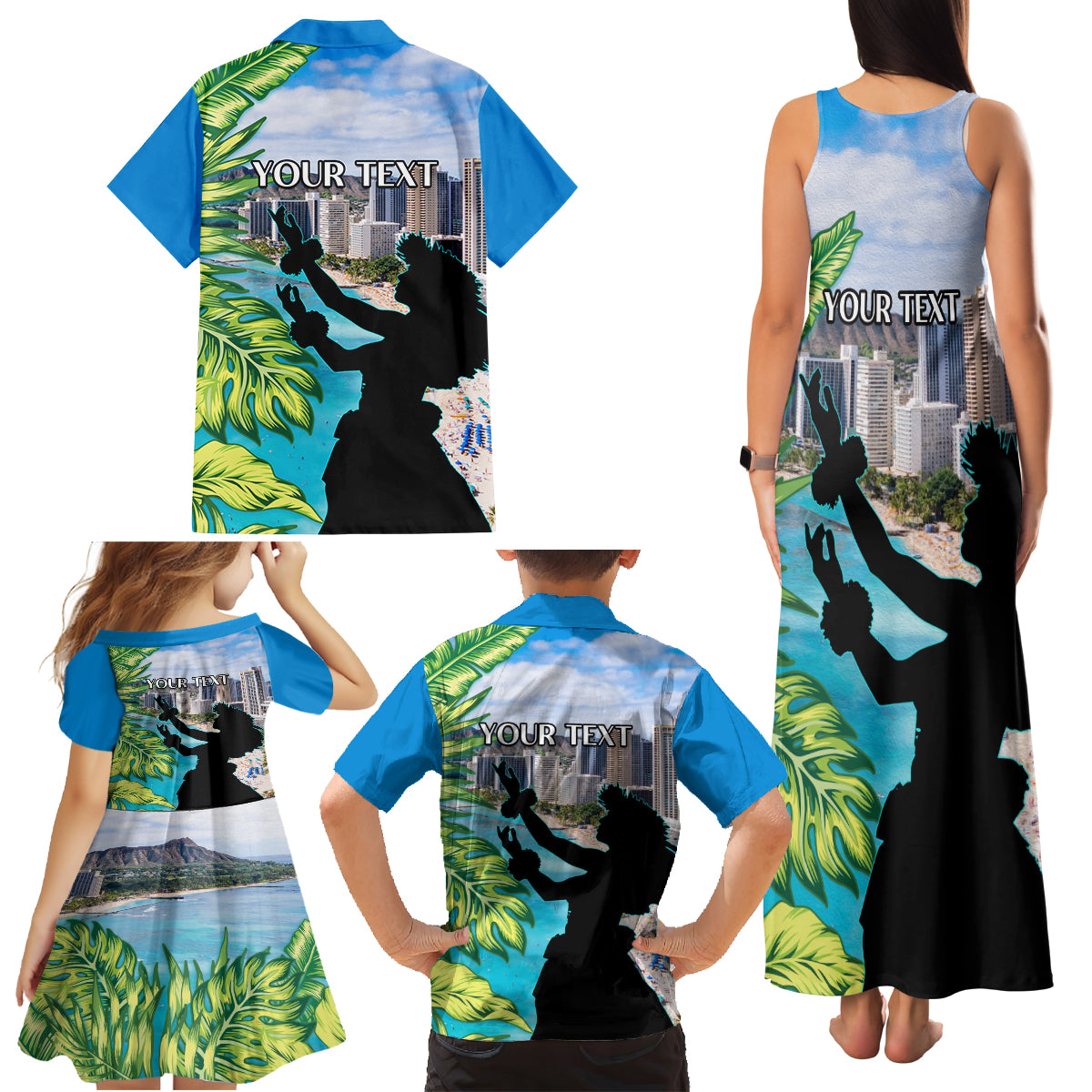 Personalised Honolulu Aloha Hawaii Family Matching Tank Maxi Dress and Hawaiian Shirt Tropical Leaves With Hula Girl LT14 - Polynesian Pride