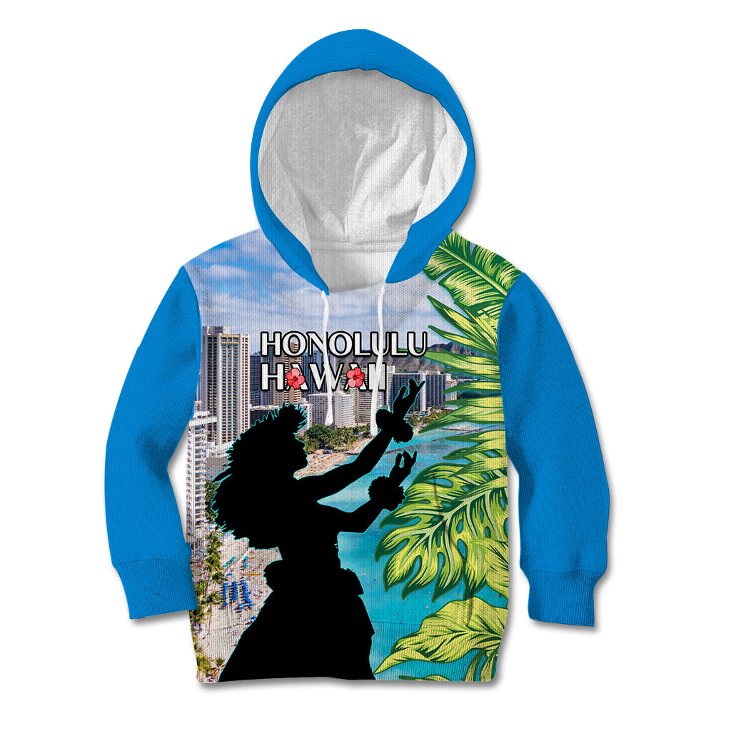 Personalised Honolulu Aloha Hawaii Kid Hoodie Tropical Leaves With Hula Girl LT14 Hoodie Blue - Polynesian Pride