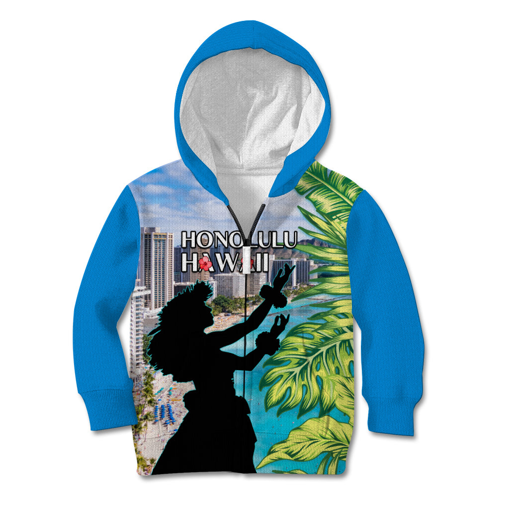Personalised Honolulu Aloha Hawaii Kid Hoodie Tropical Leaves With Hula Girl LT14 Zip Hoodie Blue - Polynesian Pride