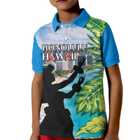 Personalised Honolulu Aloha Hawaii Kid Polo Shirt Tropical Leaves With Hula Girl LT14 Kid Blue - Polynesian Pride