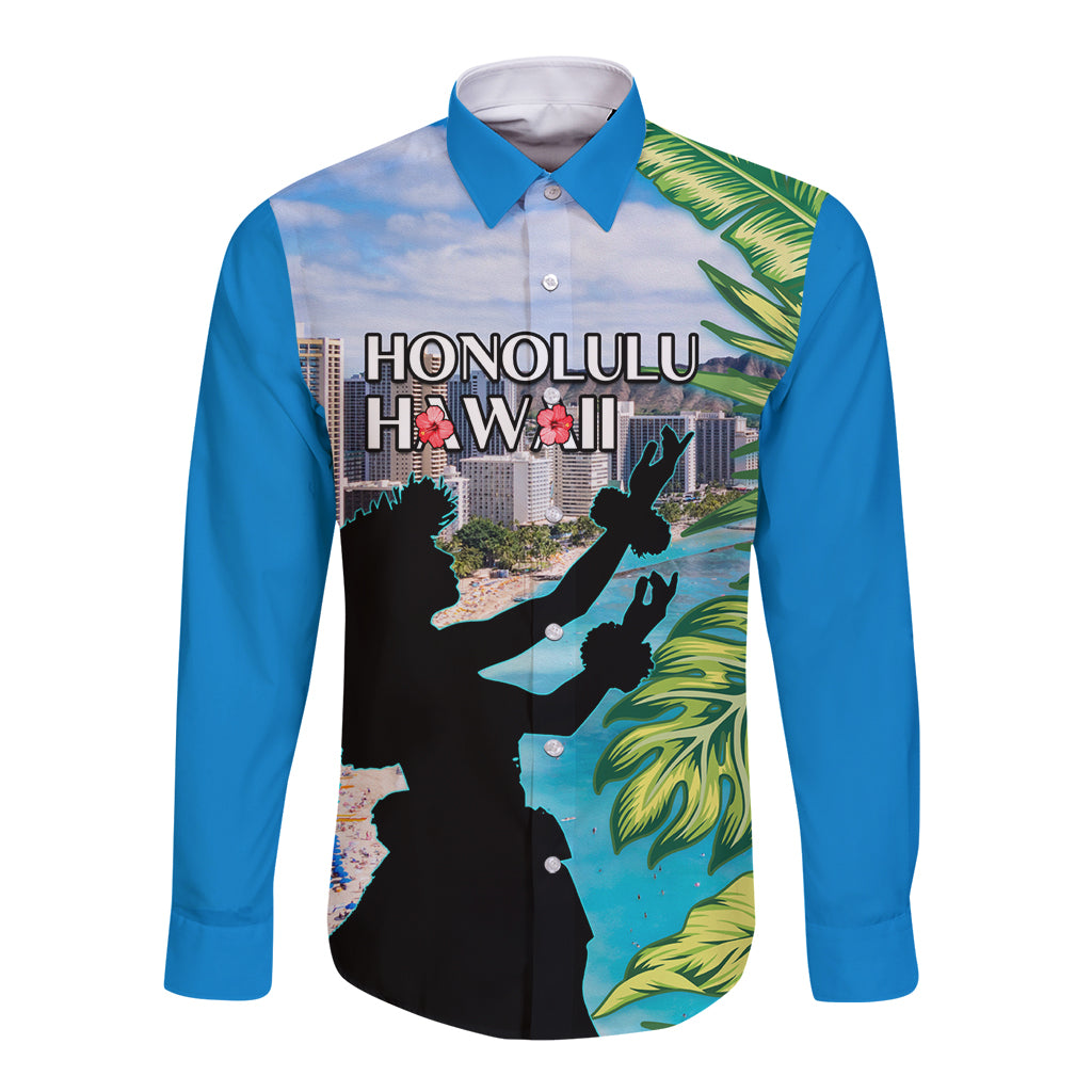 Personalised Honolulu Aloha Hawaii Long Sleeve Button Shirt Tropical Leaves With Hula Girl LT14 Unisex Blue - Polynesian Pride