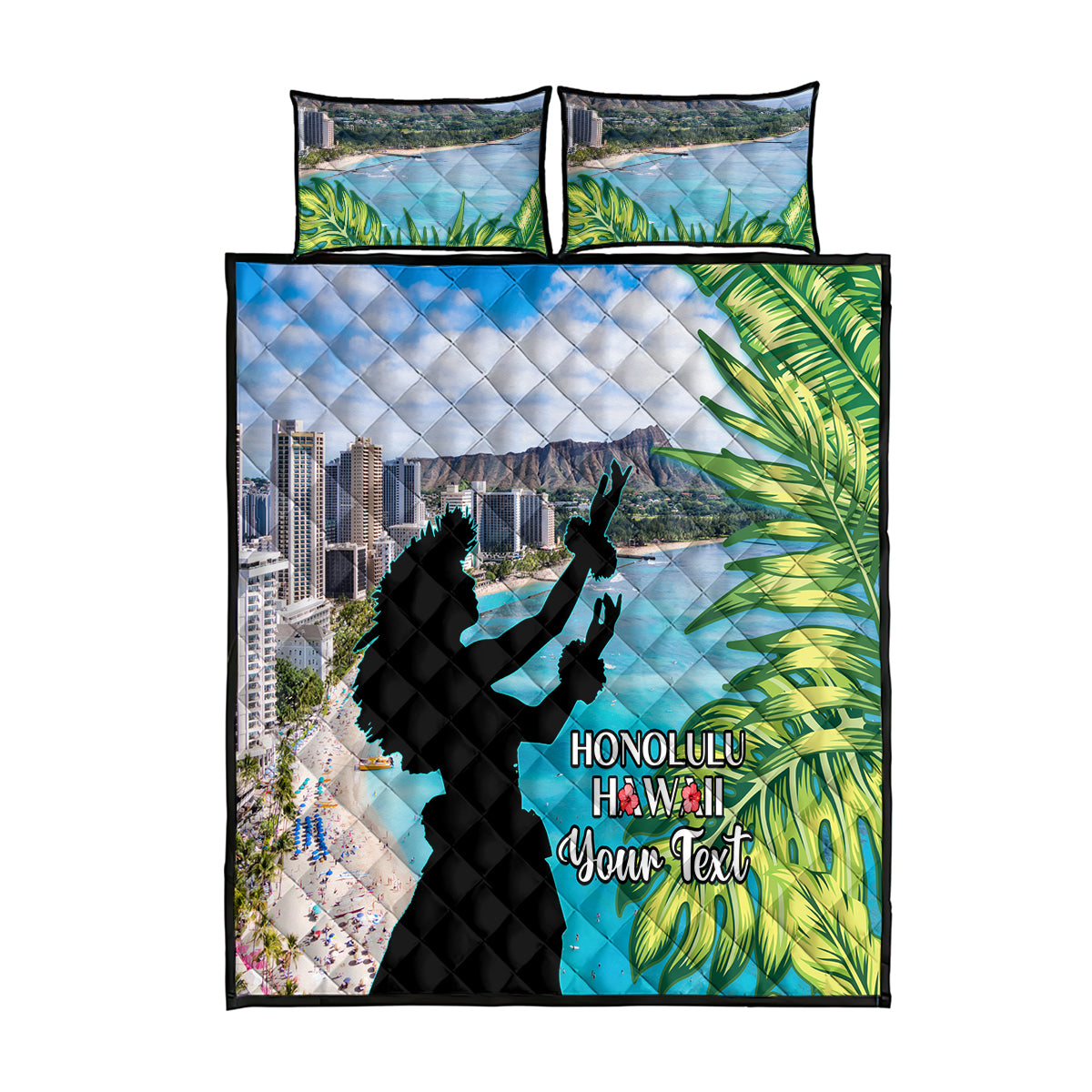 Personalised Honolulu Aloha Hawaii Quilt Bed Set Tropical Leaves With Hula Girl LT14 Blue - Polynesian Pride