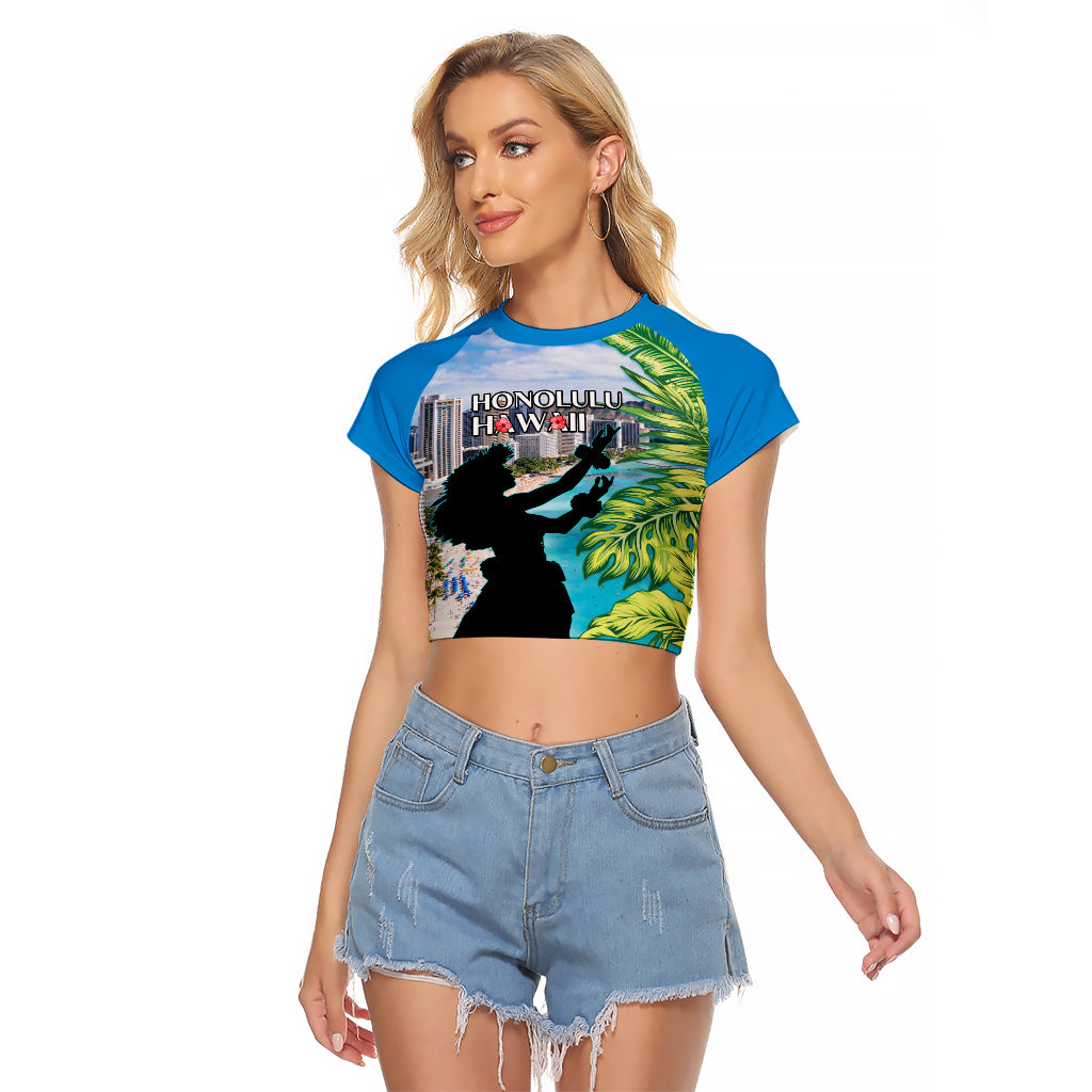 Personalised Honolulu Aloha Hawaii Raglan Cropped T Shirt Tropical Leaves With Hula Girl LT14 Female Blue - Polynesian Pride