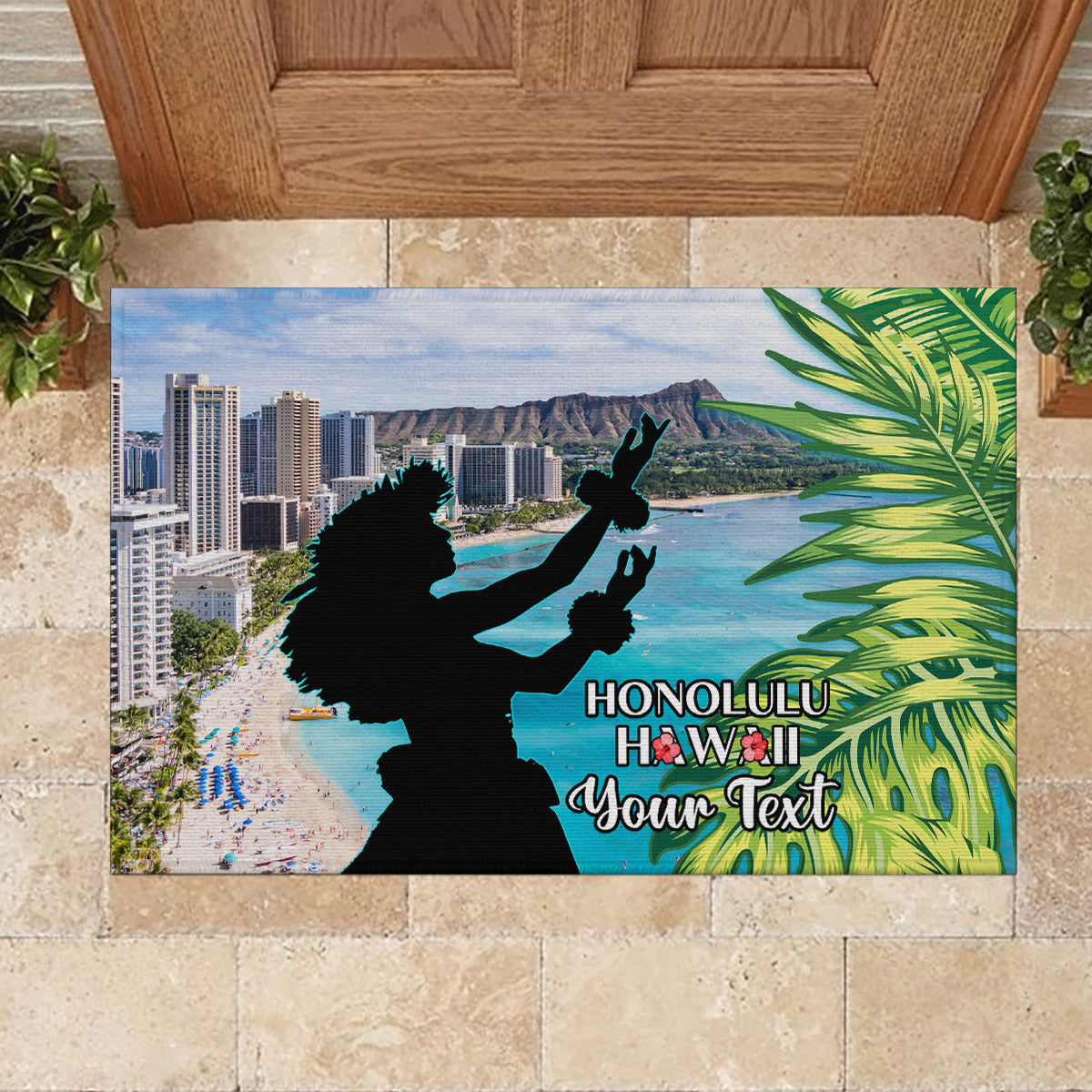 Personalised Honolulu Aloha Hawaii Rubber Doormat Tropical Leaves With Hula Girl LT14 - Polynesian Pride