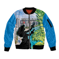 Personalised Honolulu Aloha Hawaii Sleeve Zip Bomber Jacket Tropical Leaves With Hula Girl LT14 Unisex Blue - Polynesian Pride