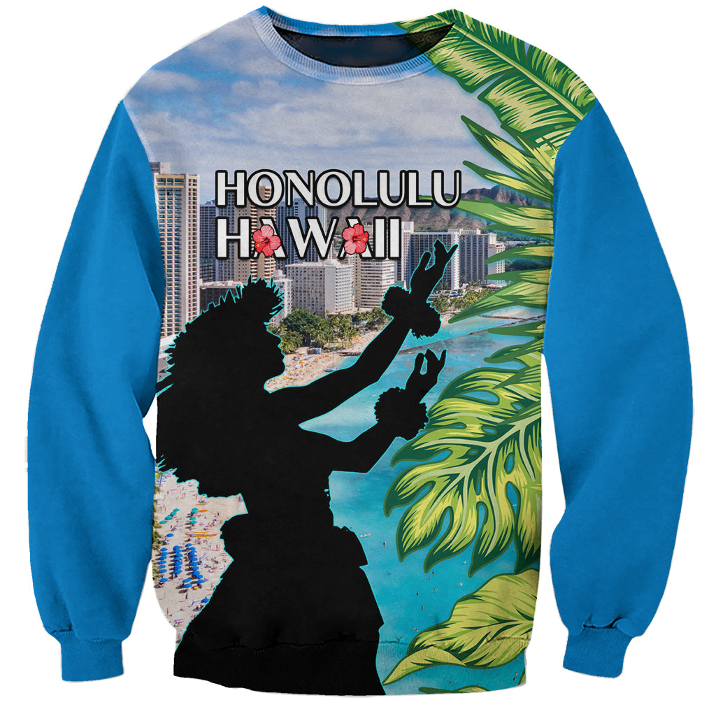 Personalised Honolulu Aloha Hawaii Sweatshirt Tropical Leaves With Hula Girl LT14 Unisex Blue - Polynesian Pride
