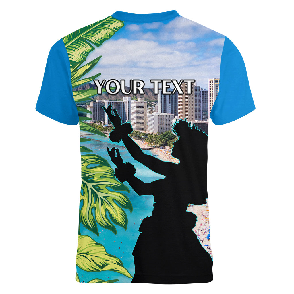 Personalised Honolulu Aloha Hawaii Women V Neck T Shirt Tropical Leaves With Hula Girl LT14 - Polynesian Pride