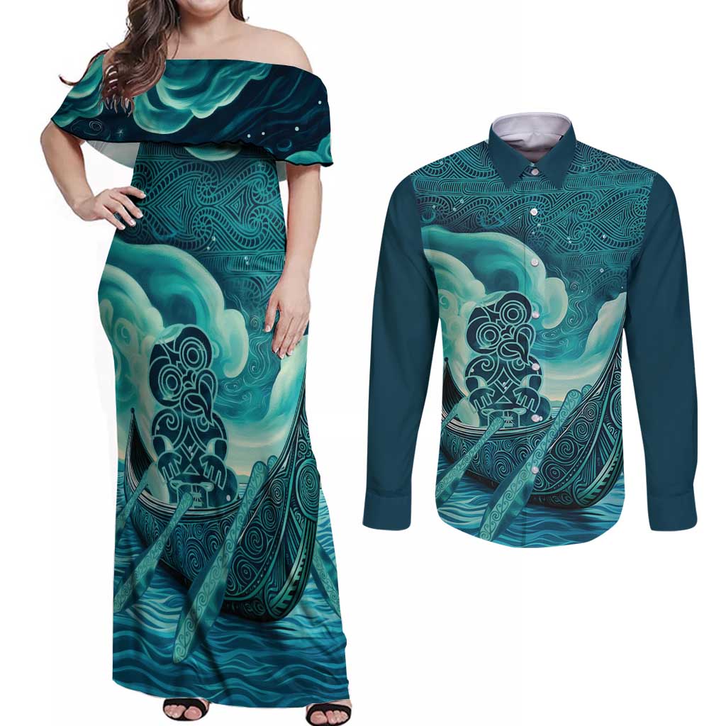 Personalised New Zealand Waitangi Day Couples Matching Off Shoulder Maxi Dress and Long Sleeve Button Shirt Hei Tiki With Maori Waka - Whakarare Pattern LT14 Dark Cyan - Polynesian Pride