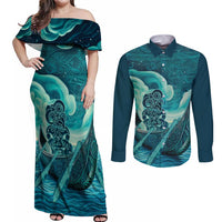 Personalised New Zealand Waitangi Day Couples Matching Off Shoulder Maxi Dress and Long Sleeve Button Shirt Hei Tiki With Maori Waka - Whakarare Pattern LT14 Dark Cyan - Polynesian Pride
