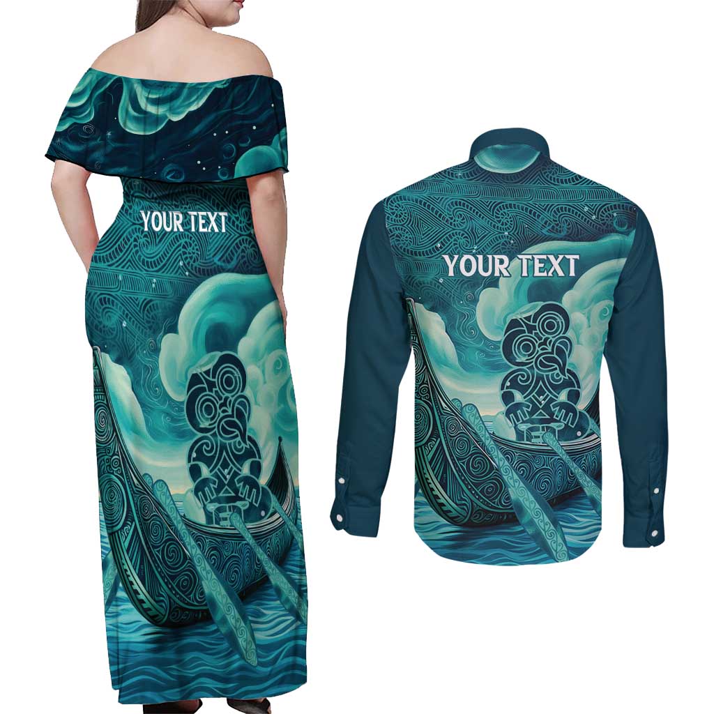 Personalised New Zealand Waitangi Day Couples Matching Off Shoulder Maxi Dress and Long Sleeve Button Shirt Hei Tiki With Maori Waka - Whakarare Pattern LT14 - Polynesian Pride