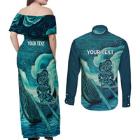 Personalised New Zealand Waitangi Day Couples Matching Off Shoulder Maxi Dress and Long Sleeve Button Shirt Hei Tiki With Maori Waka - Whakarare Pattern LT14 - Polynesian Pride