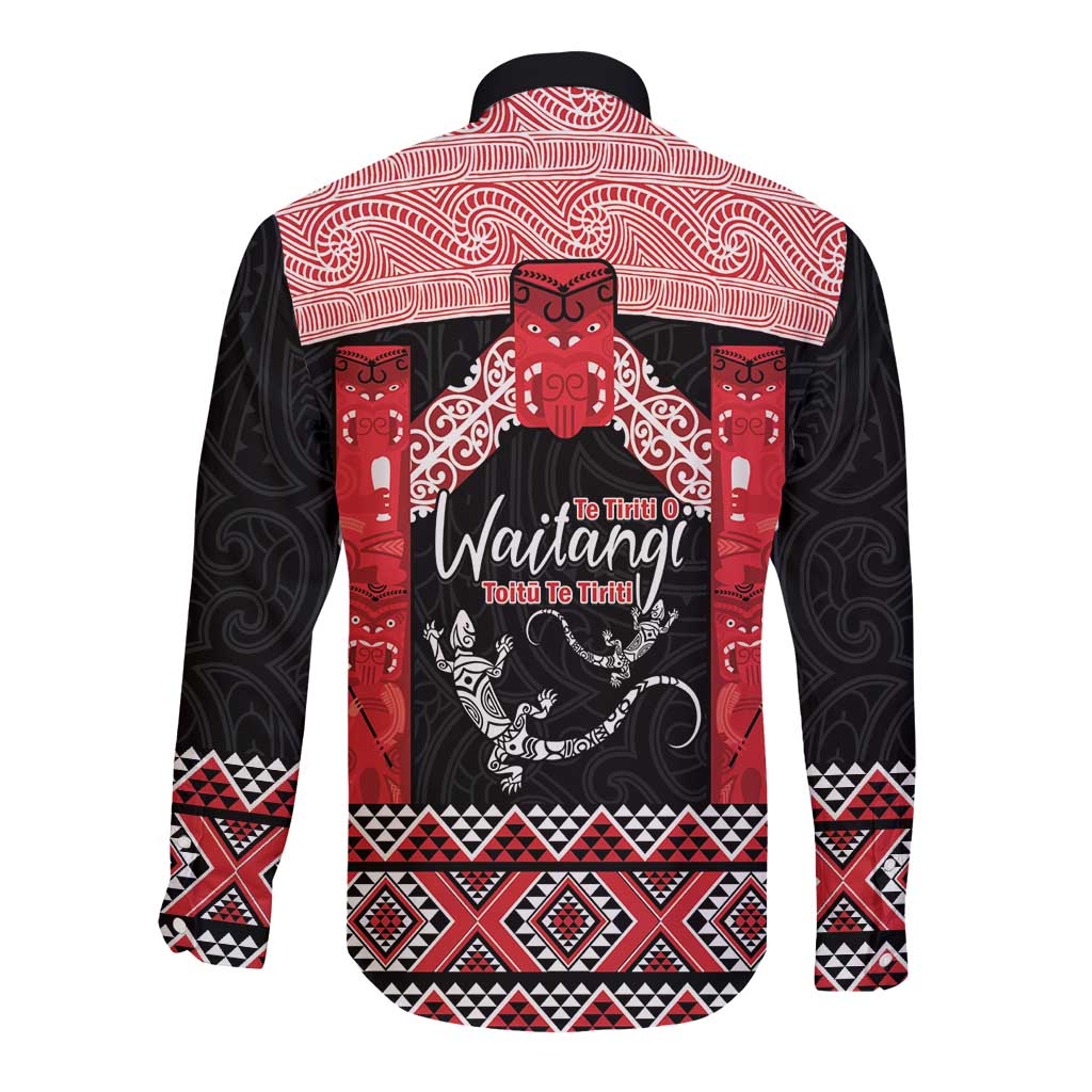 Toitu Te Tiriti O Waitangi Long Sleeve Button Shirt Maori Wharenui With Taniko Motifs