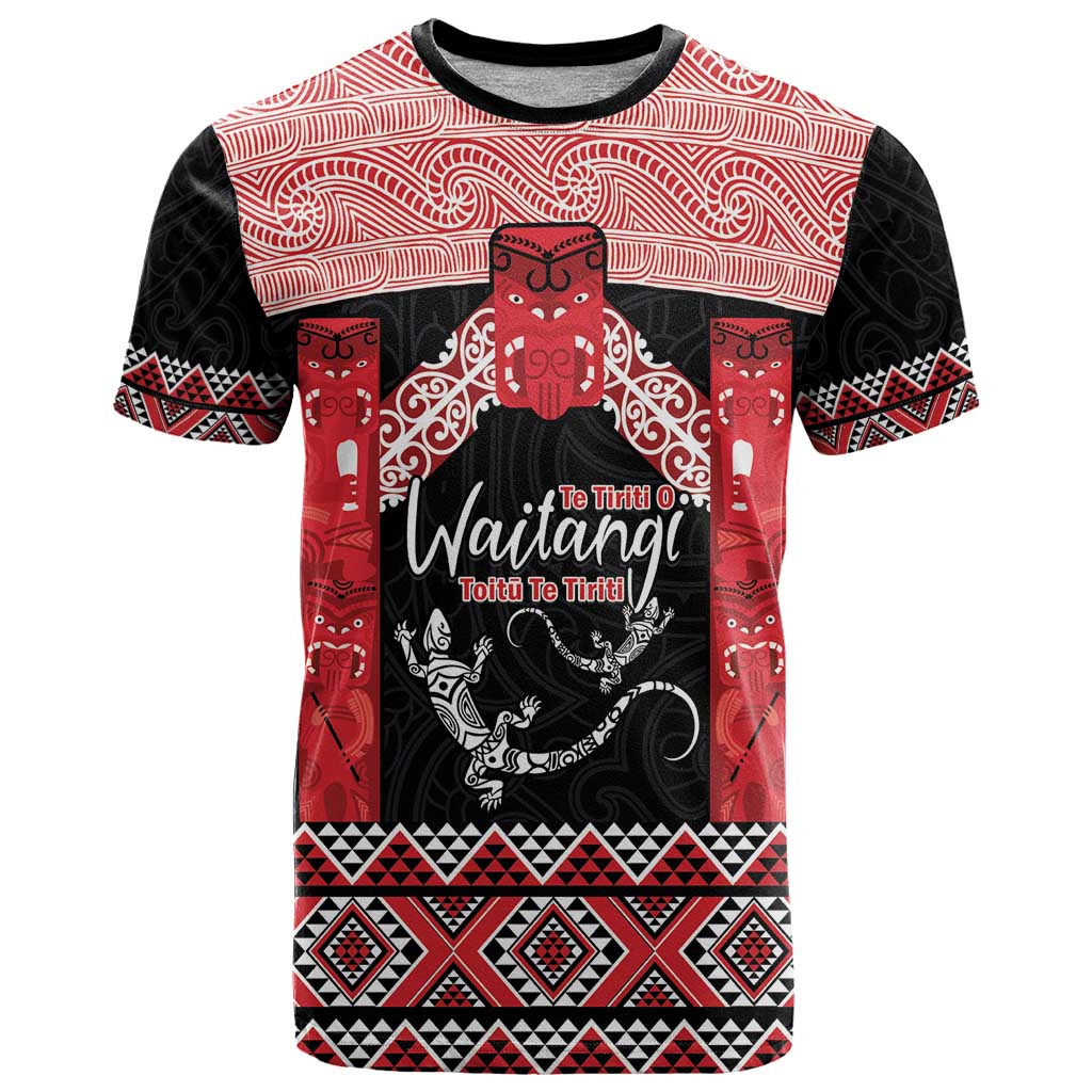 Toitu Te Tiriti O Waitangi T Shirt Maori Wharenui With Taniko Motifs LT14 Red - Polynesian Pride