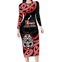 New Zealand 1840 Waitangi Day Family Matching Long Sleeve Bodycon Dress and Hawaiian Shirt Aotearoa Haka Mask - Red Version