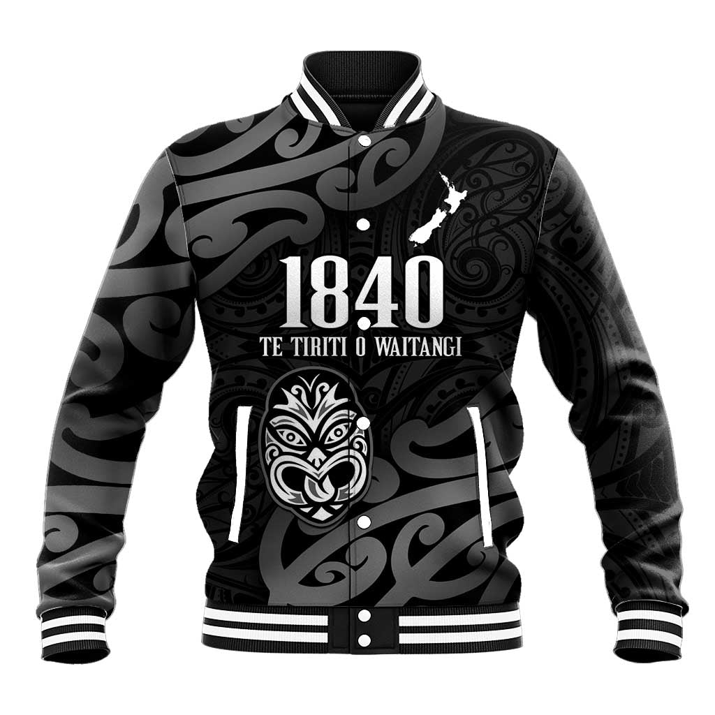 New Zealand 1840 Waitangi Day Baseball Jacket Aotearoa Haka Mask - Black Version LT14 Unisex Black - Polynesian Pride