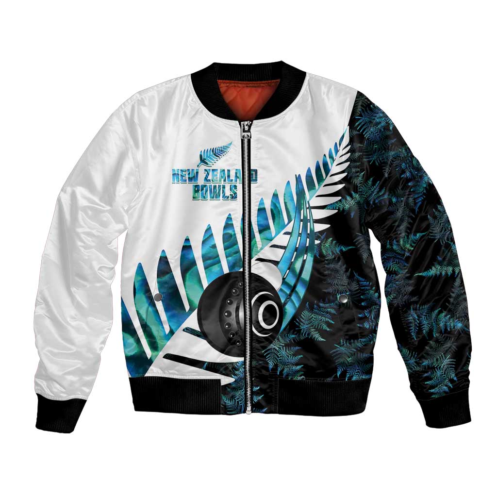 New Zealand Lawn Bowls Custom Bomber Jacket Aotearoa Silver Fern Paua Shell LT14 Unisex Black - Polynesian Pride