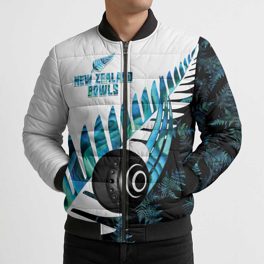 New Zealand Lawn Bowls Custom Bomber Puffer Jacket Aotearoa Silver Fern Paua Shell LT14 - Polynesian Pride