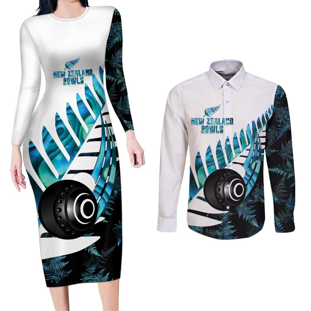 New Zealand Lawn Bowls Custom Couples Matching Long Sleeve Bodycon Dress and Long Sleeve Button Shirt Aotearoa Silver Fern Paua Shell - Polynesian Pride