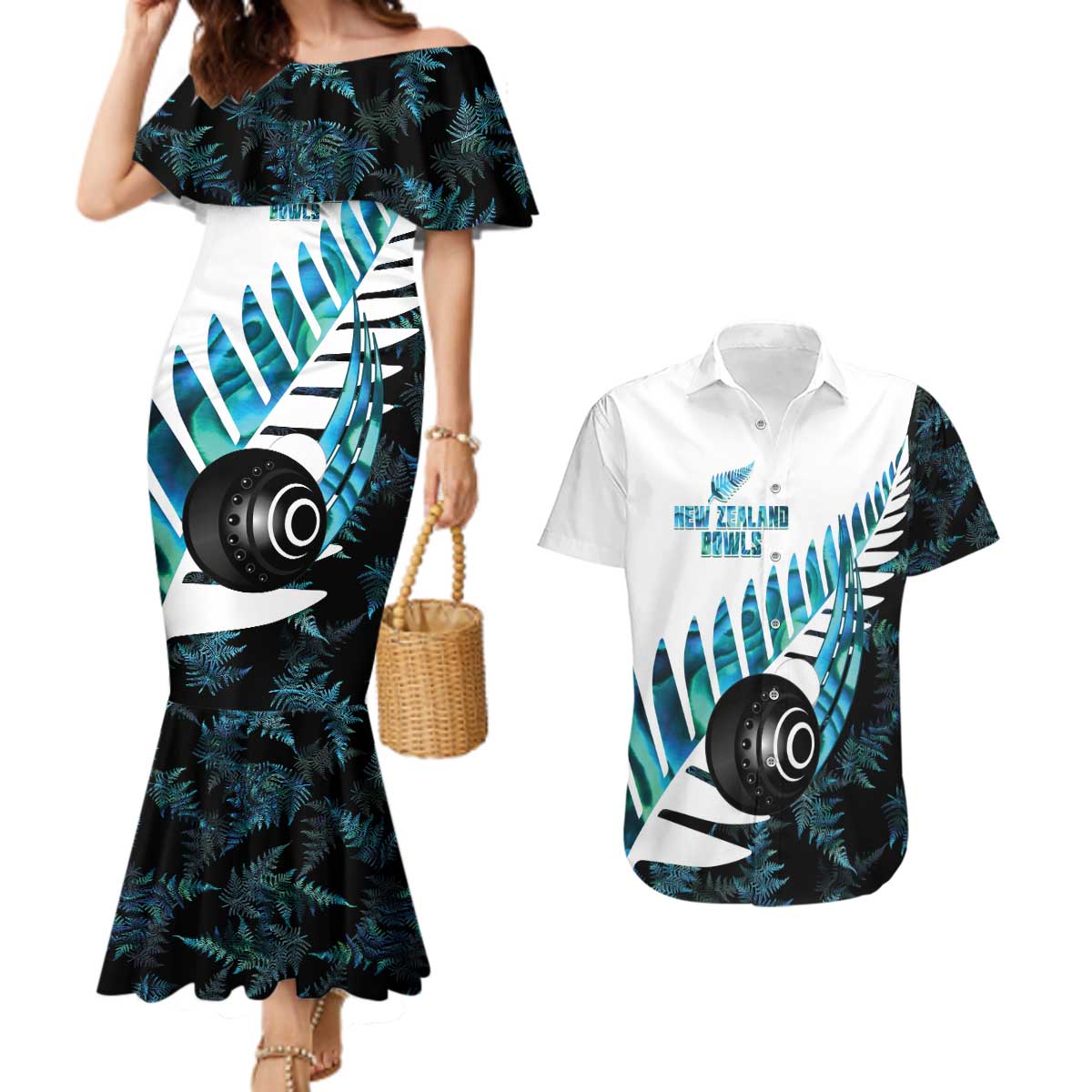New Zealand Lawn Bowls Custom Couples Matching Mermaid Dress and Hawaiian Shirt Aotearoa Silver Fern Paua Shell LT14 Black - Polynesian Pride