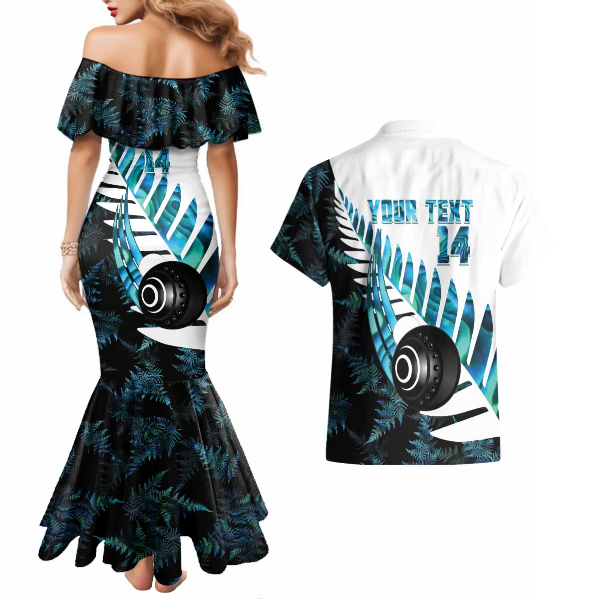 New Zealand Lawn Bowls Custom Couples Matching Mermaid Dress and Hawaiian Shirt Aotearoa Silver Fern Paua Shell LT14 - Polynesian Pride