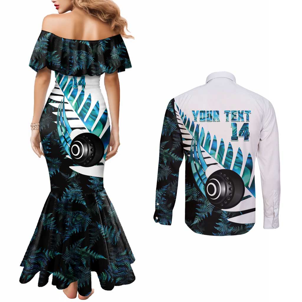 New Zealand Lawn Bowls Custom Couples Matching Mermaid Dress and Long Sleeve Button Shirt Aotearoa Silver Fern Paua Shell - Polynesian Pride