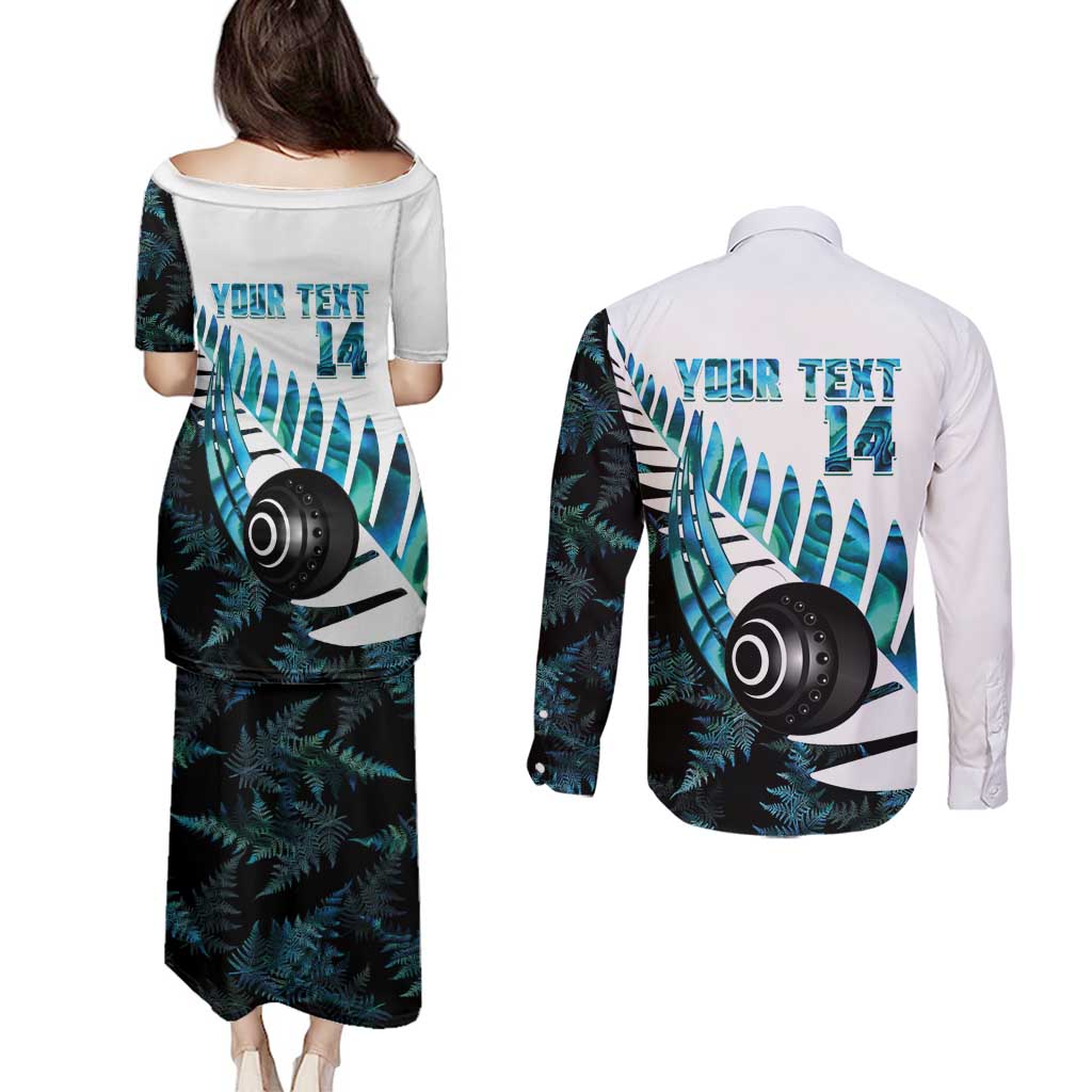 New Zealand Lawn Bowls Custom Couples Matching Puletasi and Long Sleeve Button Shirt Aotearoa Silver Fern Paua Shell LT14 - Polynesian Pride