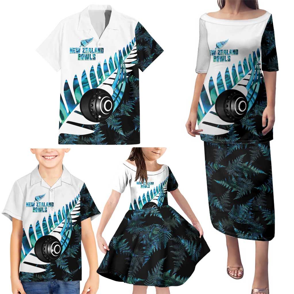 New Zealand Lawn Bowls Custom Family Matching Puletasi and Hawaiian Shirt Aotearoa Silver Fern Paua Shell - Polynesian Pride