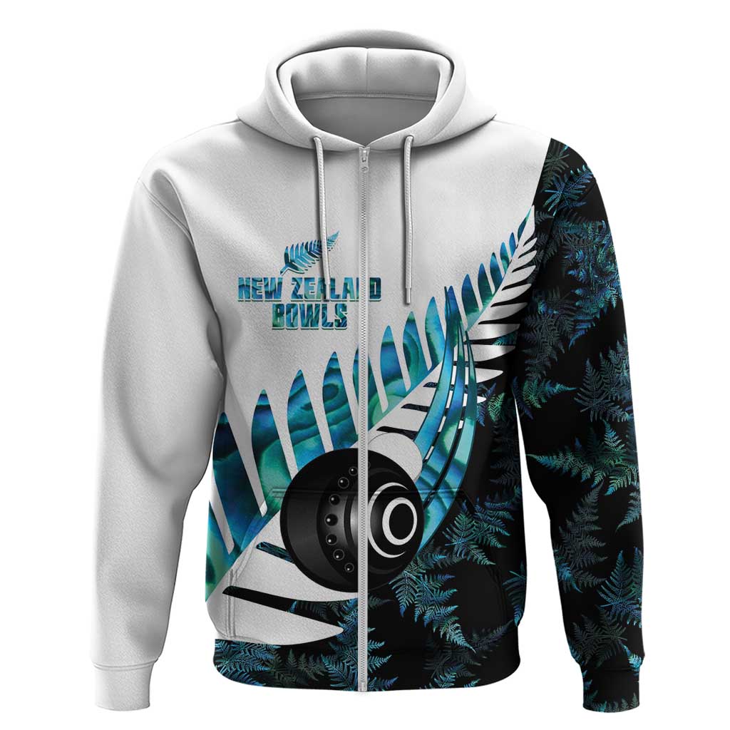 New Zealand Lawn Bowls Custom Hoodie Aotearoa Silver Fern Paua Shell LT14 Zip Hoodie Black - Polynesian Pride