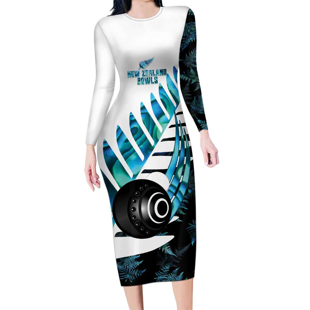 New Zealand Lawn Bowls Custom Long Sleeve Bodycon Dress Aotearoa Silver Fern Paua Shell LT14 Long Dress Black - Polynesian Pride