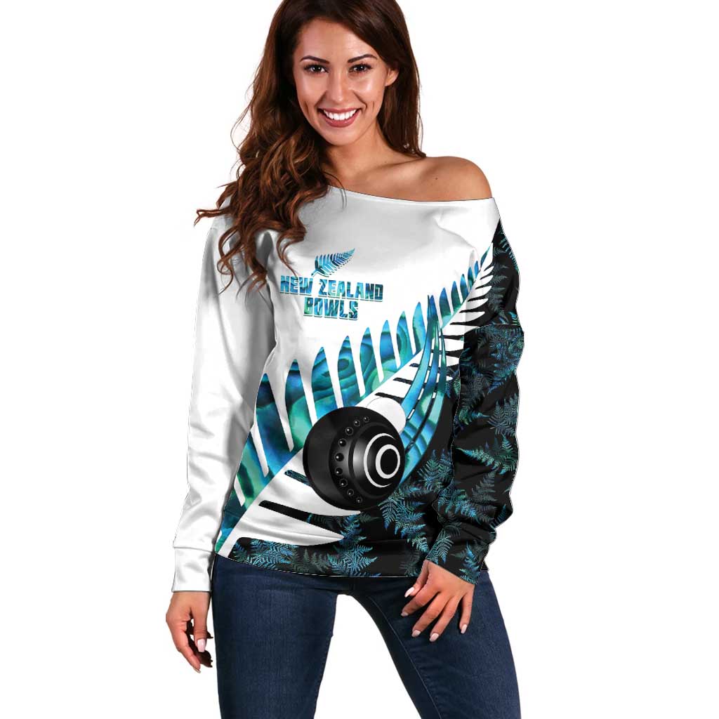 New Zealand Lawn Bowls Custom Off Shoulder Sweater Aotearoa Silver Fern Paua Shell LT14 Women Black - Polynesian Pride